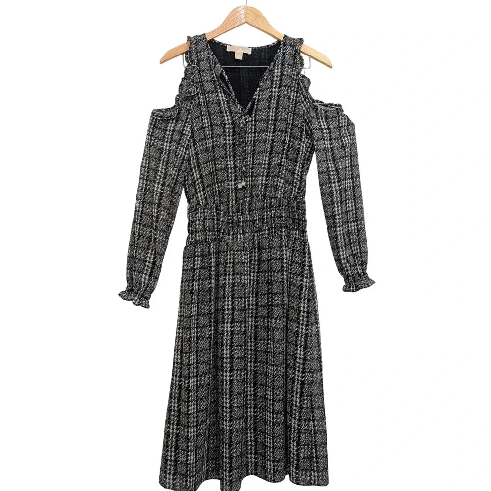 Michael Michael Kors Cold Shoulder Dress Black White Plaid Smocked - XS